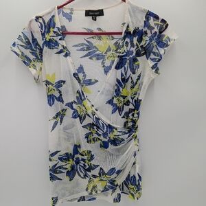 Karen Kane Y2K Mesh Floral Faux Wrap Top Blue Yellow Sheer fairy whimsigoth